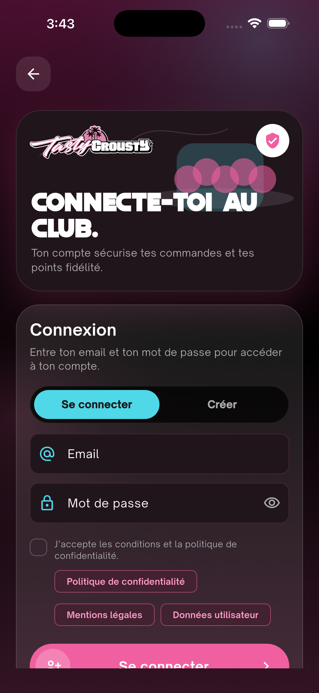 Ecran de connexion de l'application Tasty Crousty