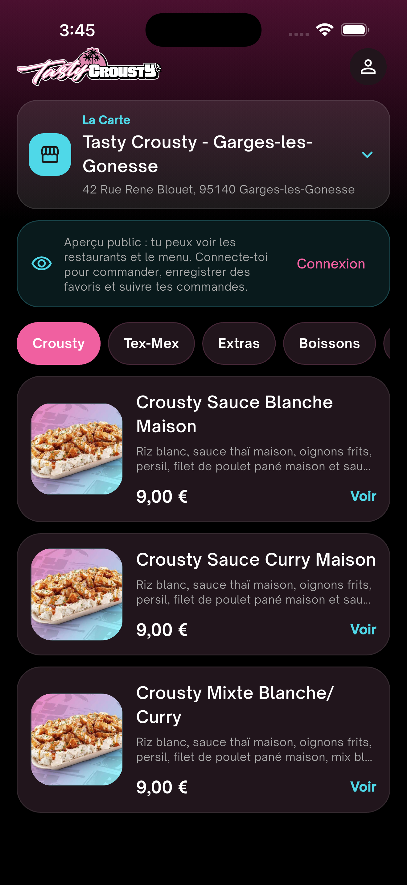 Ecran menu de l'application Tasty Crousty